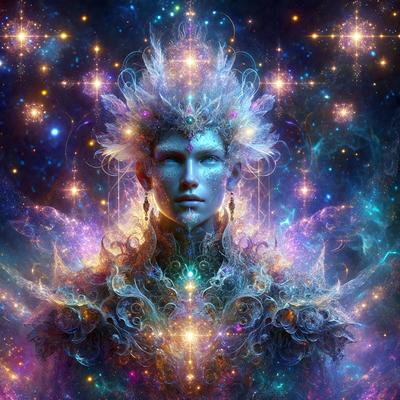 The primary subject of the image is a person, possibly a woman, with a unique and intricate hairstyle. The setting is a space-themed environment, with a backdrop of stars and a purple hue. The visual style is a combination of digital art and illustration, creating a surreal and otherworldly atmosphere. The colors and mood are predominantly purple and blue, with a touch of green, giving the image a serene and dreamy quality.